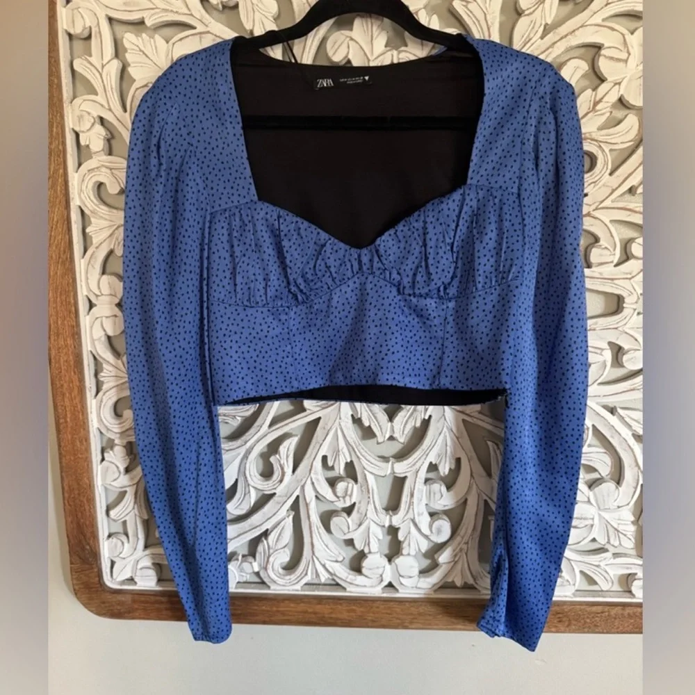 BLOGGERS FAVORITE Zara Blue Square Neck Long Sleeve Top ✨ Chic Fitted Cropped